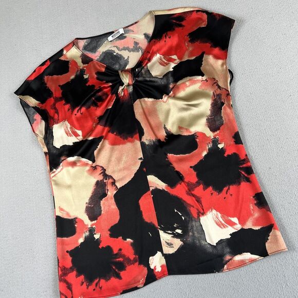 Moschino Cheap And Chic Silk Abstract Floral Red Key Hole Cap Sleeve Blouse‎ 8 - Picture 10 of 16